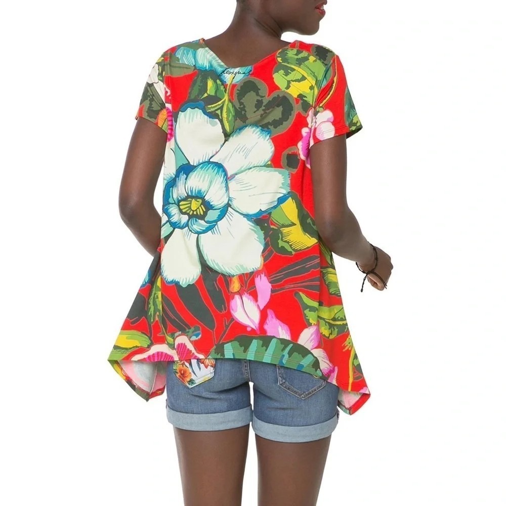 Desigual Red Floral Blouse Top Tunic Trapeze Sidetail Boho Artsy Colorful S B3 - Picture 5 of 12